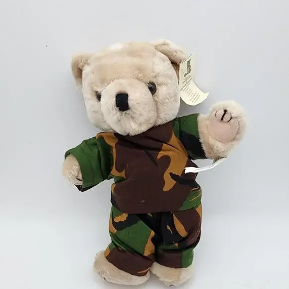 US Army Teddy Bear Plush Stuffed Animal Tan Jointed Camo Uniform Vintage Elgate