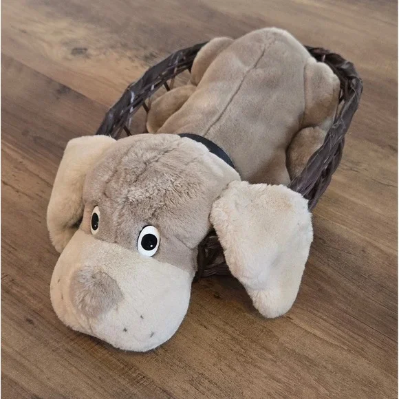 Vintage 1985 Animal Playthings Inc Plush Dog with Woven Basket Tan Puppy Korea