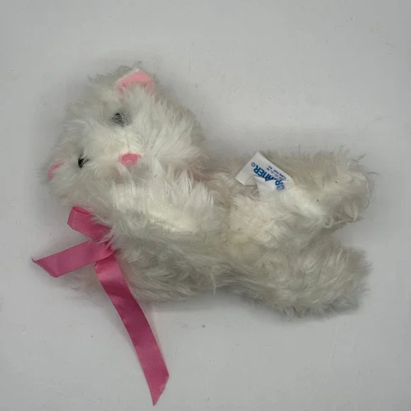 Dan Brechner Plush Cat Kids 9 Inch White Pink Ribbon Shaggy Vintage Kitty Toy
