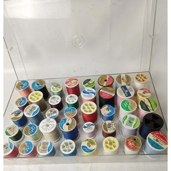 Assorted Sewing Thread 40 Spool Lot & Clear Plastic Organizer Box Storage Case