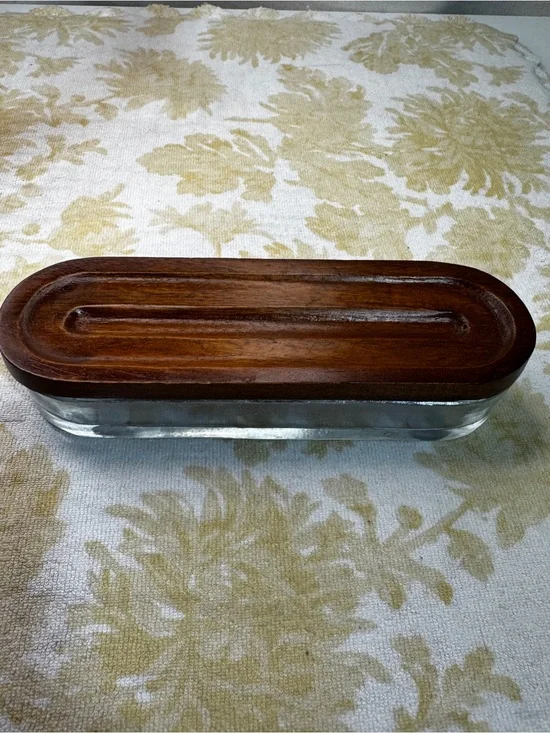 Thick Clear Oval Glass Container/Organizer w/ Brown Wooden Lid Cover