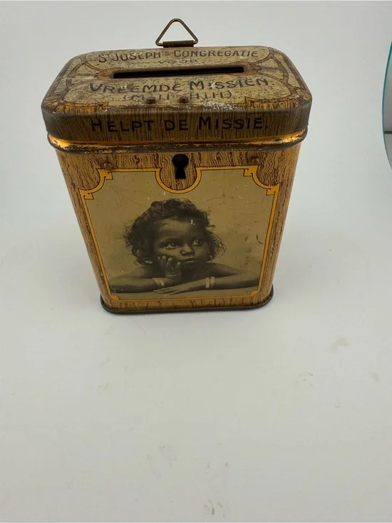 Antique Dutch St Joseph Mission Tin Charity Collection Box Bank 1920s 1930s