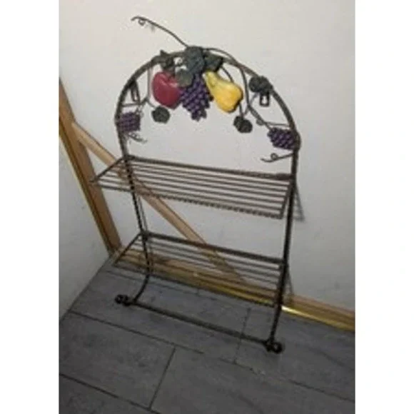 Vintage Wrought Iron 2 Tier Wall Rack Fruit Accents Towel Bar Tuscan Farmhouse