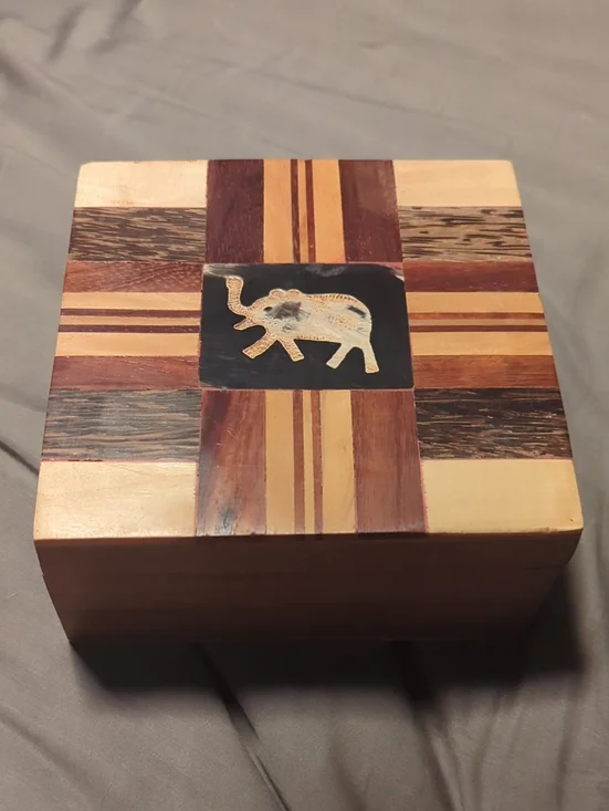 Wood Inlay Jewelry Box with Elephant Motif - Natural Tones