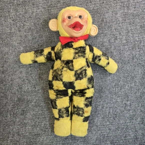 Vintage Yellow & Black Plush Monkey Doll Rubber Face Red Bow Tie 18