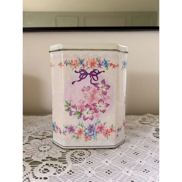 Vintage Raphael Tuck & Sons Floral Tin Decorative Storage Canister Pink