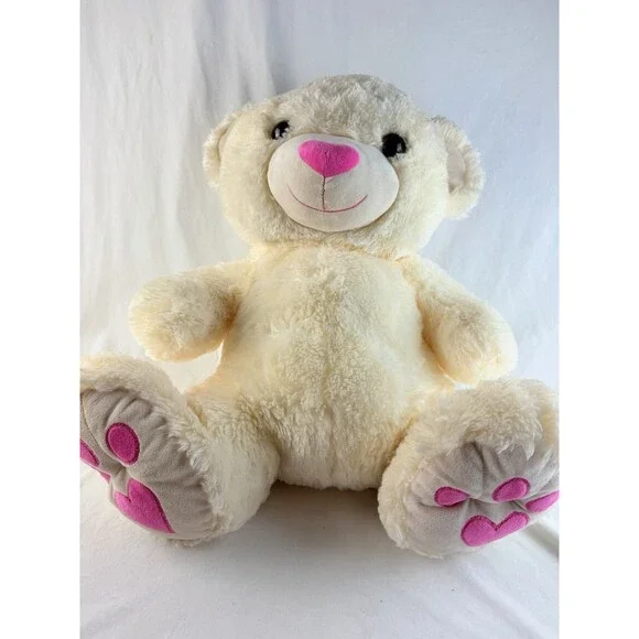HugFun Teddy Bear Plush 21” Cream White Pink Heart Paws Soft Stuffed Animal