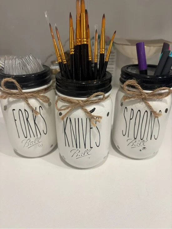 Decorative White Mason Jar Utensil Holder with Black Lid - Rustic Twine Accent