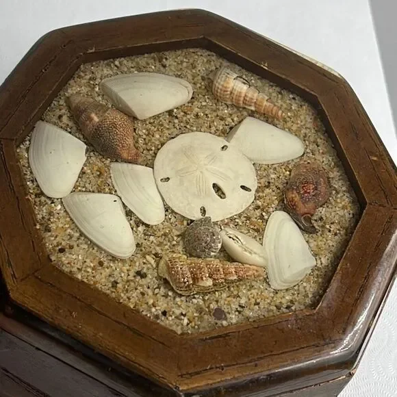Handcrafted Sea Shell and sand epoxy wood trinket box.