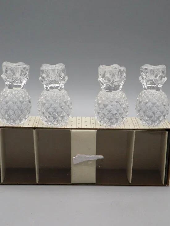 4 Vtg Williams-Sonoma Clear Glass Pineapple Tiny Taper Candle Holders Tropical