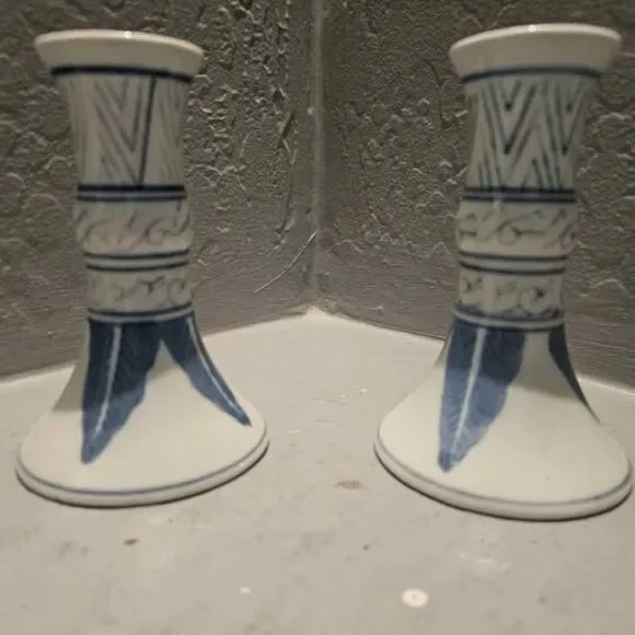 Williams Sonoma Ceramic Blue and White Candlesticks Candle Holders