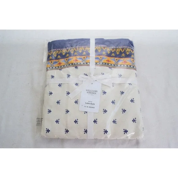 Williams Sonoma Sicily Tablecloth 70 Round Cream Blue Yellow Mediterranean New