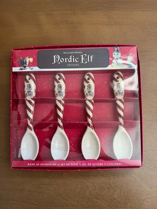 Williams Sonoma Nordic Elf 2008 Candy Cane Snowman Ceramic Spoons- Set of 4 NIB