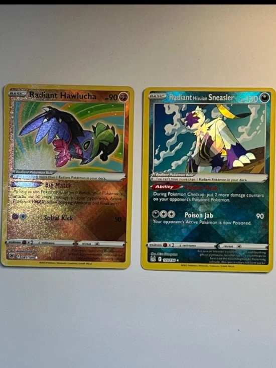 2 Pokemon Cards: Radiant Hawlucha & Radiant Hisuian Sneasler