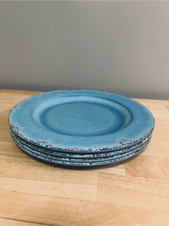 Williams Sonoma Rustic Outdoor Melamine Azure Blue Dinner Plates  11” set of 4