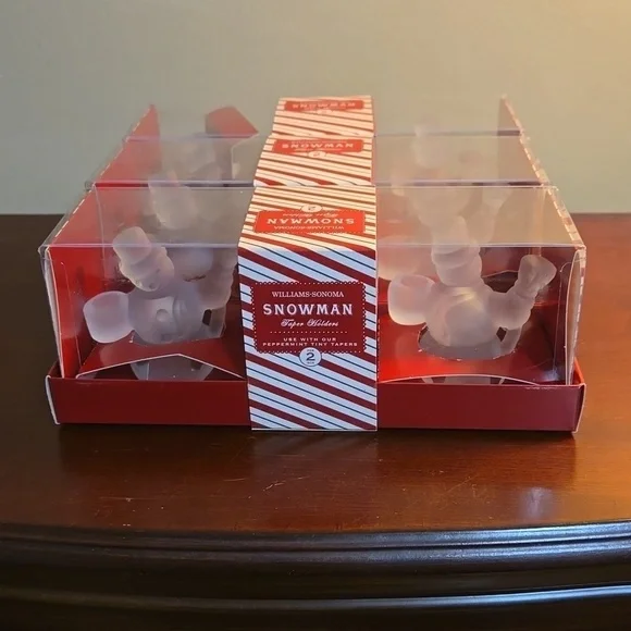 Williams-Sonoma Frosted Snowman Taper Candleholders 3 boxes New in Box