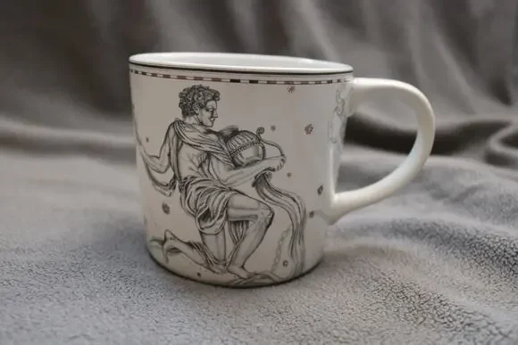 WILLIAMS SONOMA Aquarius Zodiac Coffee Mug Ceramic Water Bearer Gold Astrology