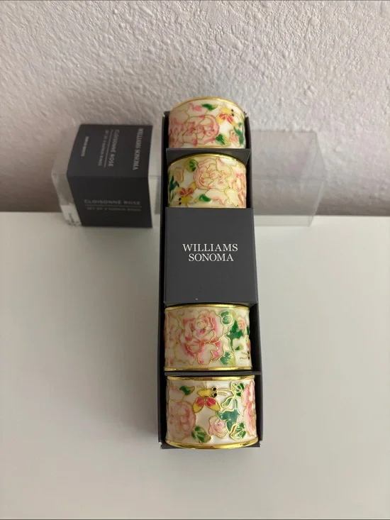 Williams Sonoma Cream, Pink & Green Floral Napkin Rings — Set of 4