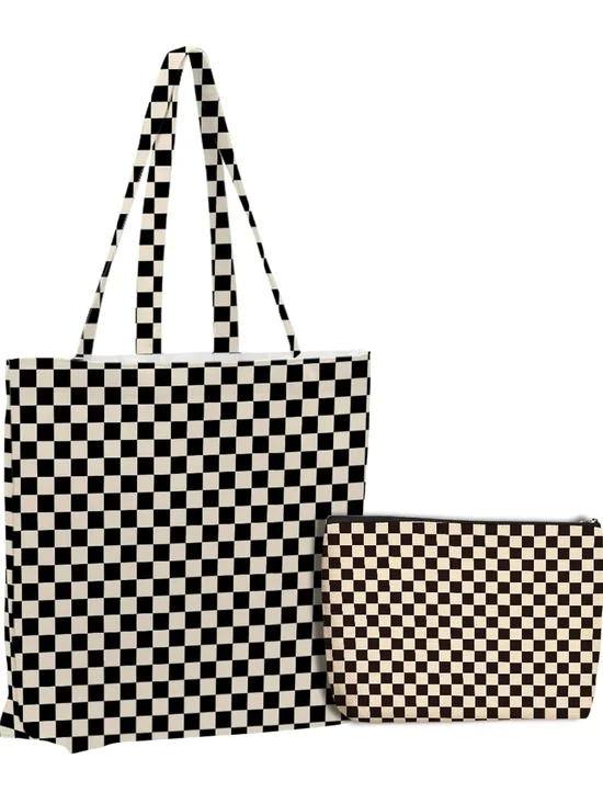 Checkerboard Tote and Storage Bin Set - Black and Cream