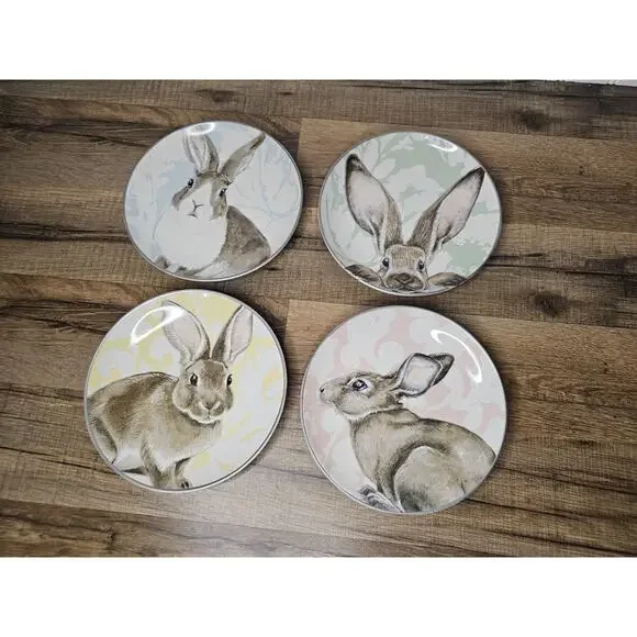 Williams Sonoma Blue Damask Easter Bunny Rabbit Salad‎ Dessert Plates Set Of 4