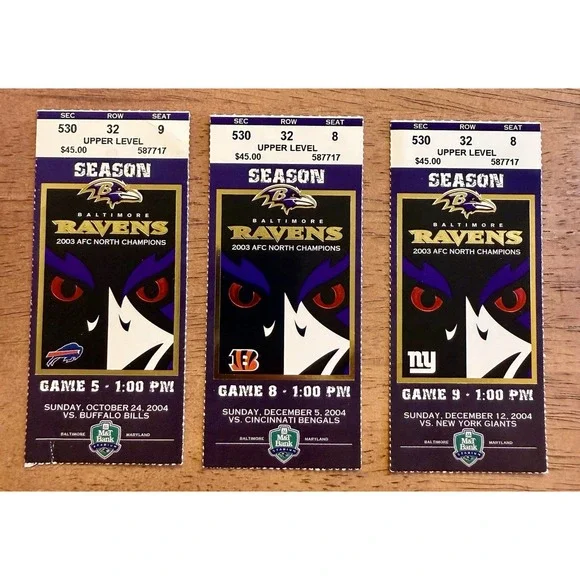 Lot Of 3 NFL 2004 Baltimore Ravens Ticket Stubs Bills, Bengals & Giants.