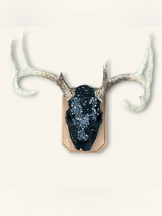 Black Fireglass Bedazzled Deer Skull Wall Art Home Decor Boho taxidermy