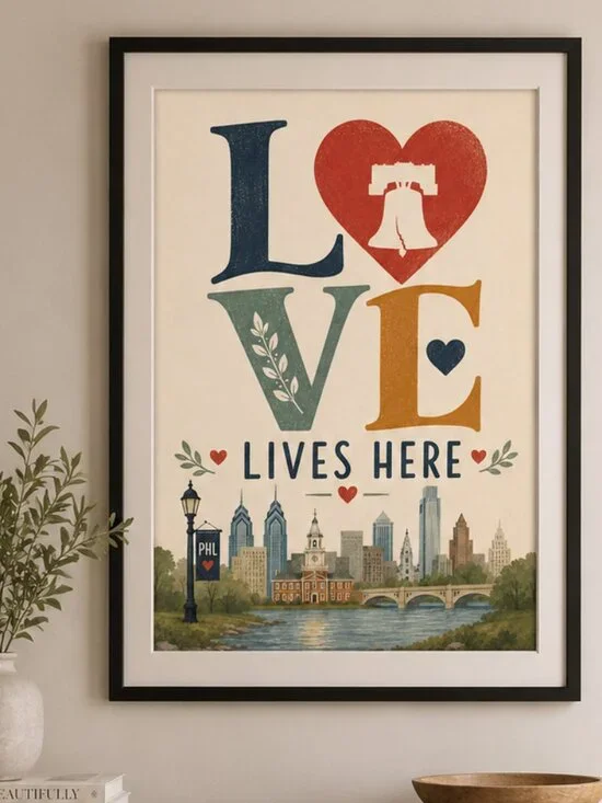 Philadelphia LOVE Lives Here Framed Wall Art | 13x19 Liberty Bell Philly Skyline