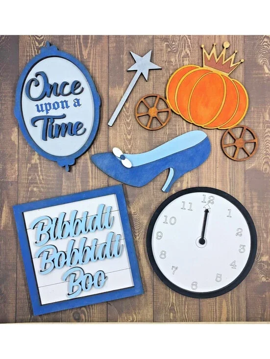 lot of 6 Pcs Cinderella Tiered Tray Decor Set Wooden Signs - hand painted - OOAK