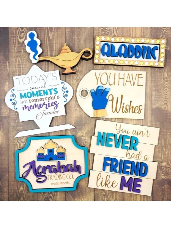 lot of 6 Pcs Aladdin Tiered Tray Decor Set Wooden Signs - hand painted OOAK