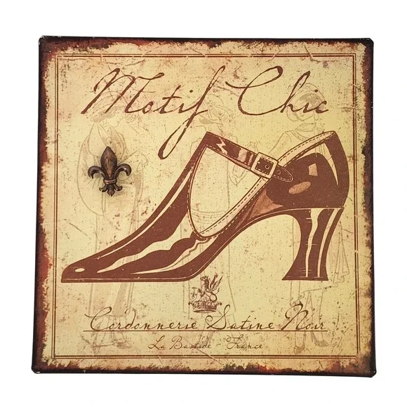 Motif Chic French Vintage Style Tin Metal Wall Art Shoe Sign with Magnet 9.5x9.5