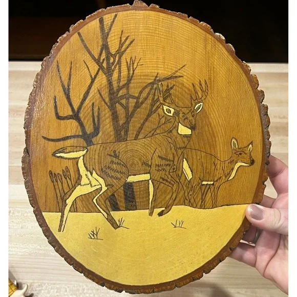 Deer Carving‎ Engraved Wall Art Tree Wood Slab Stained, Hunter, Animal, Rustic