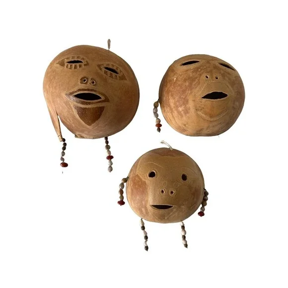 Vintage Mexican Carved Gourd Mask Folk Art Hand Made Lot of 3