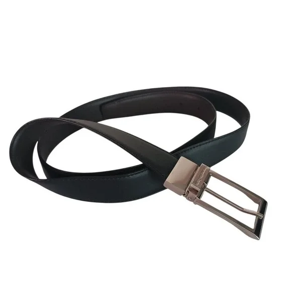 Ermenegildo Zegna Belt Men 38 Black Brown Reversible Leather Silver Buckle Italy
