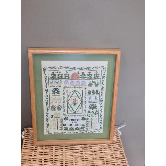 Vintage Framed Embroidery Sampler Herb Garden Botanical Cottagecore Wall Art