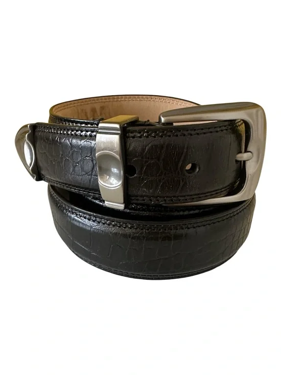 Men's Black Leather Croc Embossed Dress Belt with Brushed Steel Buckle 3XL