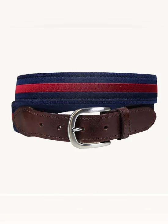 The Belted Cow Classic Stripe Club Belt 40/100 Canvas Leather Trim Brass Buckle