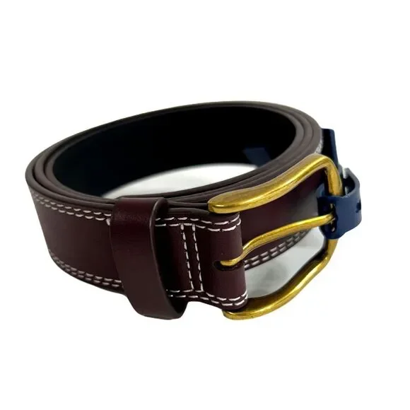 Club‎ Room Double-Stitch Belt Mens Large 38-40 Burgundy Leather Gold Buckle