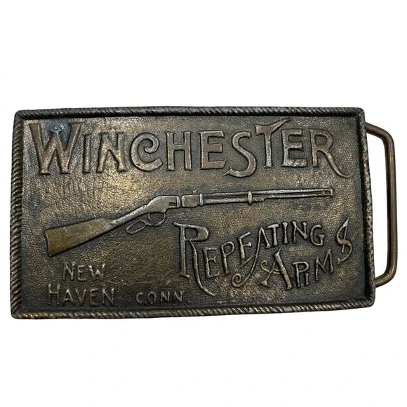 Vtg Winchester Repeating Arms Belt Buckle Brass Tone‎ Rifle New Haven Conn 1980s