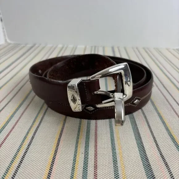 Brighton Belt Mens 48 Brown Leather Studded Western Diamond Silver Buckle Tip