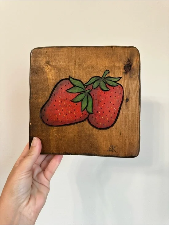 Hand-Painted Red Strawberry Wood Plaque