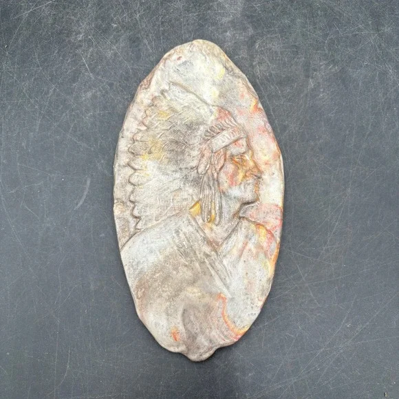 Vintage Native American Chief Relief Wall Plaque Stone Look Marbled Art 8.5in