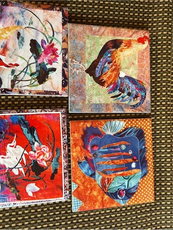 Vibrant Multicolor Rooster & Floral Wall Tiles Set of 4- Bold Home Accent