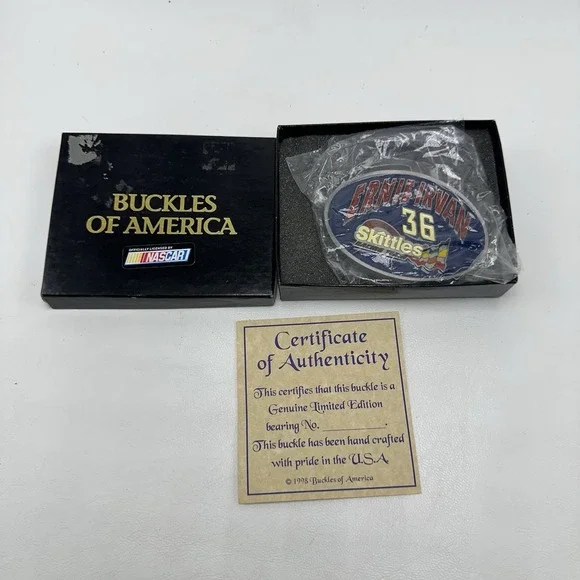 VTG‎ 1998 Ernie Irvan 36 Skittles NASCAR Belt Buckle NOS New In Box Pewter Resin
