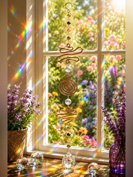 Copper Spiral Crystal Beaded Suncatcher Hanging - Copper Browns