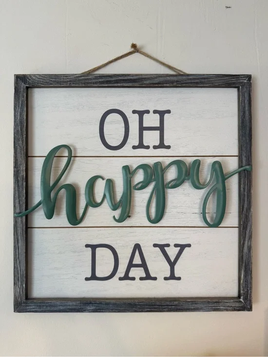 'Oh Happy Day' Wall Sign with Teal Script and Grey Letters