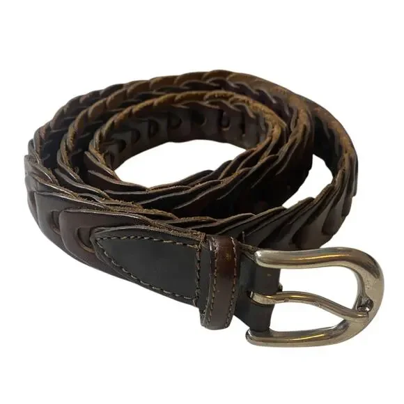 Men's Vintage Dark Brown Woven Leather Belt with silver buckle Size 42