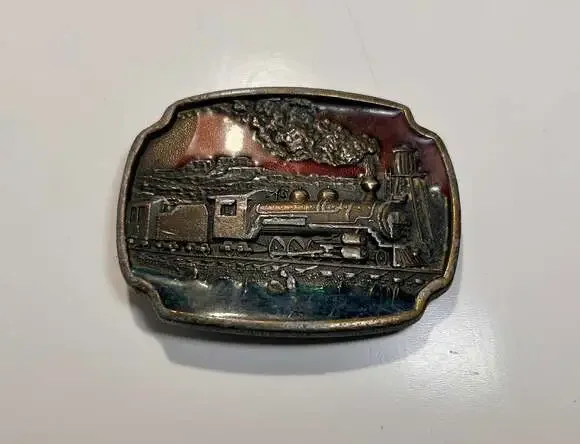 Locomotive Steam Engine Train Brass Belt Buckle vintage READ