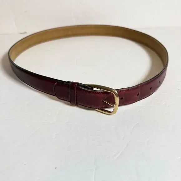 L'Aiglon Paris New York Burgundy Leather Belt Size 36 Full Grain Brass Buckle