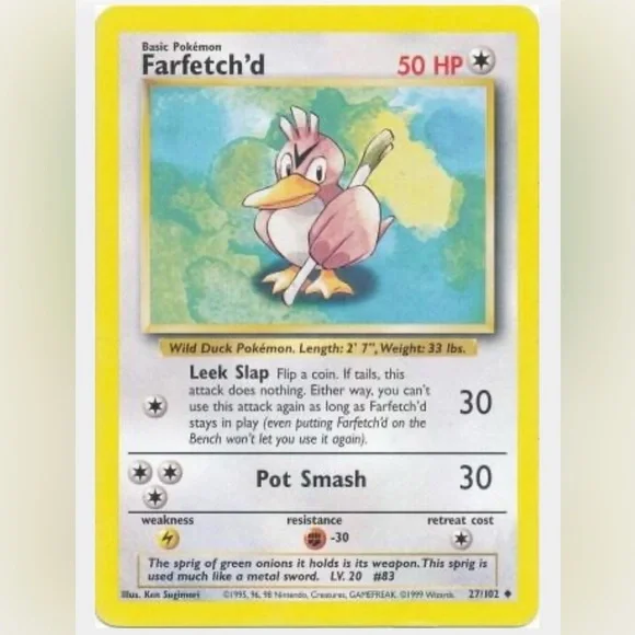 🕰️✨ 1999 WOTC Vintage Farfetch’d 27/102 Base Set – NM Condition! ✨🕰️