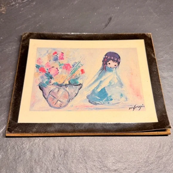 Vintage DeGrazia Laminated Wood Plaque Girl with Flower Cart Scottsdale Art 6.5